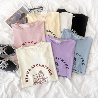 เสื้อคู่ - [ภาพจริง] การ์ตูนพิมพ์สั้นแขนสั้นเสื้อยืดสาวน้อยน่ารักพิมพ์คอกลมสบาย ๆ ทุกนัดด้านบน