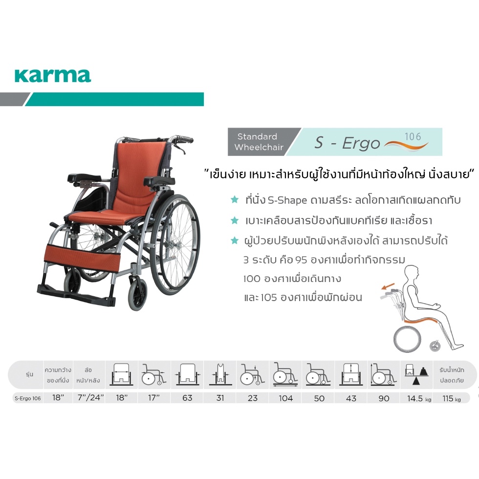 รับประกัน-5-karma-รถเข็น-อลูมิเนียม-ปรับเอนพนักพิงได้-รุ่น-s-ergo-106-aluminum-wheelchair