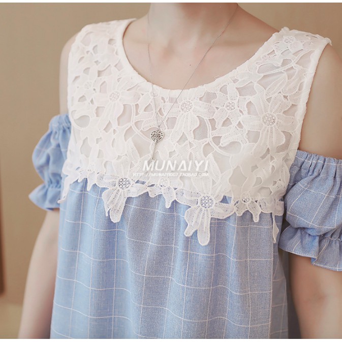 bonnimom-ชุดเดรสคลุมท้องเปิดใหล่-สีฟ้า