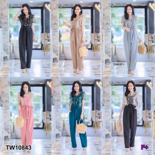 &lt;TW10843&gt;Jumpsuit จั๊มสูทยาวช่วงบนแต่งผ้ามุ้งงานปักเน้นๆ แขนสั้นผ้ามุ้งซีทรู ซิปหลังยาว มีเชือกผูกเอว