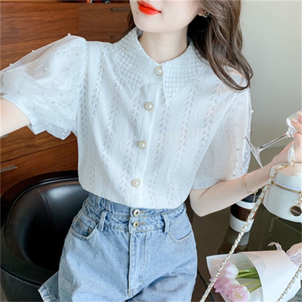 เสื้อเชิ้ตแขนสั้น-แขนพัฟ-ผ้าตาข่าย-แต่งลูกไม้-ฉลุลาย-ทรงหลวม-สไตล์เกาหลี-สําหรับผู้หญิง