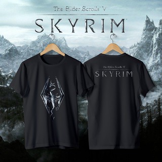 Skyrim เสื้อยืด cotton 100% ลายโลโก้มังกรสีขาวและดำ