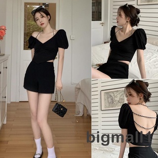 BIGMALL-Women´s Backless Crop Tops, Short Sleeve Solid Color Back Hollow Out Slim Fit T-Shirts