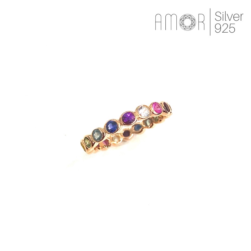 แหวนเงินแท้-925-ฝังพลอย-fancy-rainbow-sapphire-ไล่สี-18-เม็ด