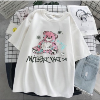 เสื้อยืดโอเวอร์ไซส์เสื้อยืดแขนสั้น พิมพ์ลายการ์ตูนหมีกราฟฟิติ ทรงหลวม สไตล์ฮิปฮอป แฟชั่นคู่รัก สําหรับผู้ชาย และผู้หญิงS