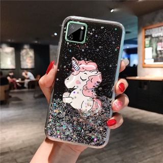 2021 New เคสโทรศัพท์ Samsung Galaxy A22 5G 4G Casing Cute Cartoon Unicorn Glitter Bling Transparent Soft Cover Full Stars With Water Stand Holder