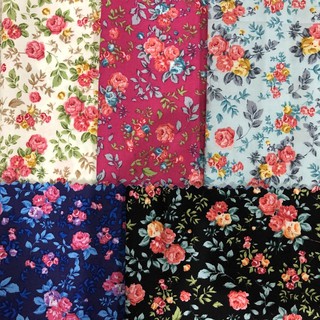 ผ้าคอตตอนไทยแท้100% ลายกุหลาบเล็ก setคละสี 5 สี