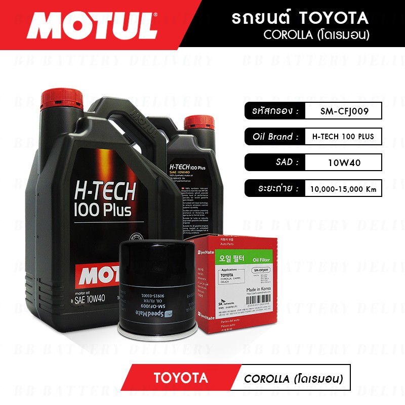 น้ำมันเครื่อง-รถยนต์-สังเคราห์แท้-100-โตโยต้า-โคโลล่า-โดเรมอน-toyota-corolla-motul-h-tech-100-plus-10w40-4ลิตร-กรอง