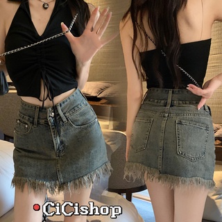 Cicishop(60357)กระโปรงยีนส์สั้นเอวสูง ขอบเอวใหญ่ เก็บหน้าท้องแต่งพู่ปลายใส่แล้วหุ่นเป้ะเวอร์