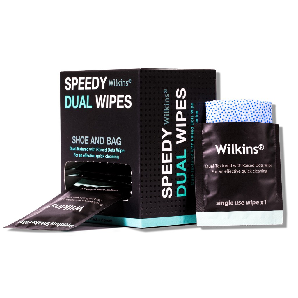 ภาพหน้าปกสินค้าผ้าทำความสะอาดรองเท้า แบบพกพา Wilkins Speedy Dual Wipes (กล่อง 15 ชิ้น) จากร้าน wilkinscleanser บน Shopee