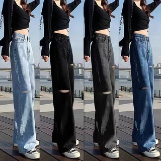 💥มีไซส์ S-2XL💥กางเกงยีนส์ เอวสูง ขาบานแบบขาดๆ สไตล์เกาหลี กางเกงยีนส์ขายาว สวยๆเก๋ๆ#522