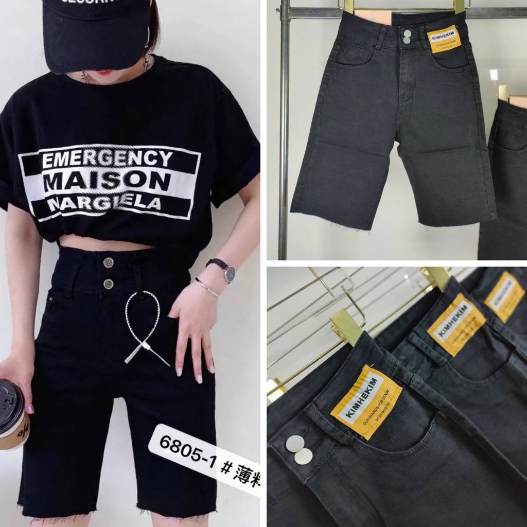 dx-6805-1-s-m-l-xl-2xl-กางเกงยีนส์ผู้หญิงขาสั้น3ส่วน-สุดฮิตสไตล์เกาหลี-เอวสูง-ปลายขาตัด-ผ้ายืด-สีดำ-แต่งกระดุม2เม็ด