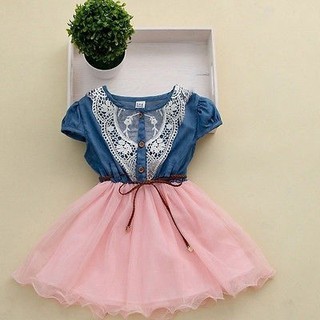 BABYGARDEN Princess Baby Girls Party Denim Tulle Stitching Gown Formal Dress With Belt