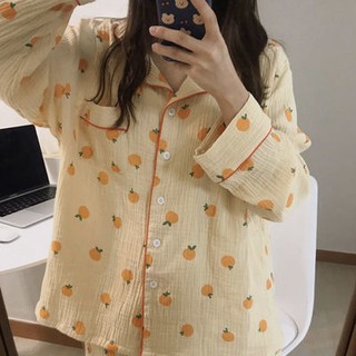 ชุดนอน ชุดนอนระบายอากาศได้เวอร์ชั่นเกาหลีส้มการพิมพ์น่ารักเสื้อแขนยาววอร์ม