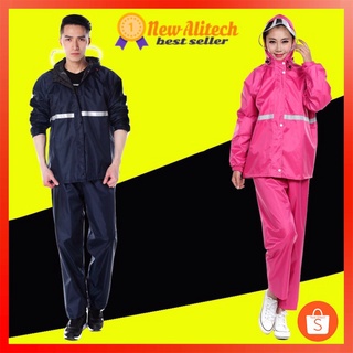 New Alitech ชุดกันฝน เสื้อกันฝน สีกรมท่า มีแถบสะท้อนแสง รุ่น หมวกติดเสื้อ Waterproof Rain Suit