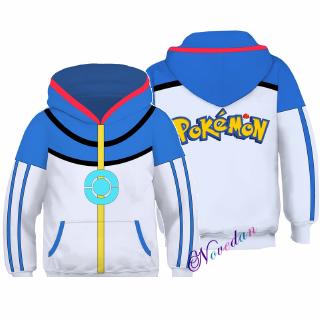 Pokemon Kids Ash Ketchum Cosplay Costume อะนิเมะญี่ปุ่นการ์ตูนฮู้ด Kawaii Sweatshirt Boys Child Halloween Pullover Jacket