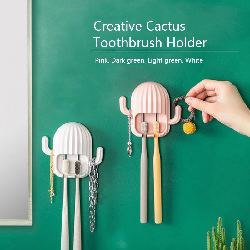 ภาพหน้าปกสินค้าSelf-adhesive Cactus Toothbrush Holder with Two Hooks / Multi-functional Bathroom Towel Rack Storage Accessories จากร้าน exquise.th บน Shopee