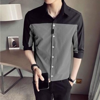 ◈เสื้อเชิ้ตสีตัดกันผู้ชายแขนสั้นบางพอดีผู้ชายเกาหลีเสื้อเชิ้ตแขนสามในสี่เทรนด์หล่อฤดูร้อนแขนห้าจุด