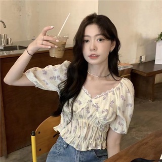 เสื้อครอปท็อป คอวี แขนพัฟ ลายดอกไม้ แฟชั่นฤดูร้อน สําหรับผู้หญิง 2022