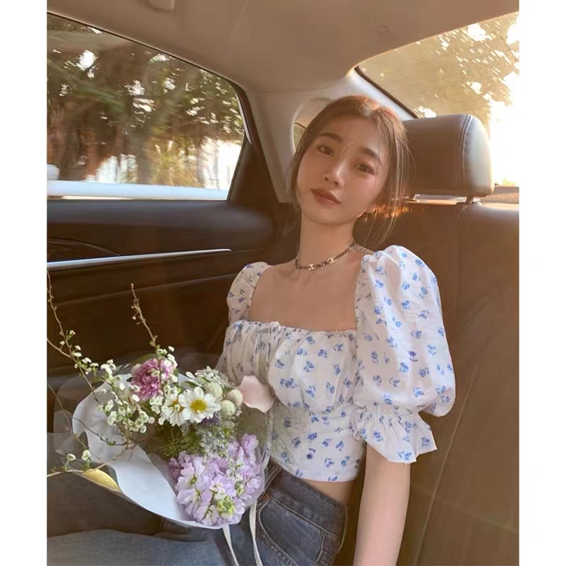 cicishop-1717-เสื้อครอปแขนยาวคอเหลี่ยม-เชือกผูกโบว์ลายดอกไม้-สวยแซ่บน่ารัก-สายคาเฟ่ๆแบบชิคๆ