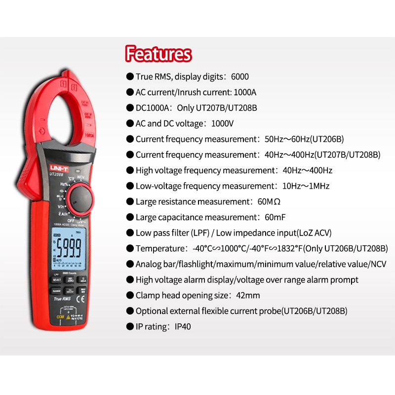 Uni-t UT206B UT207B UT208B 1000A True RMS digital clamp meter Smart ...
