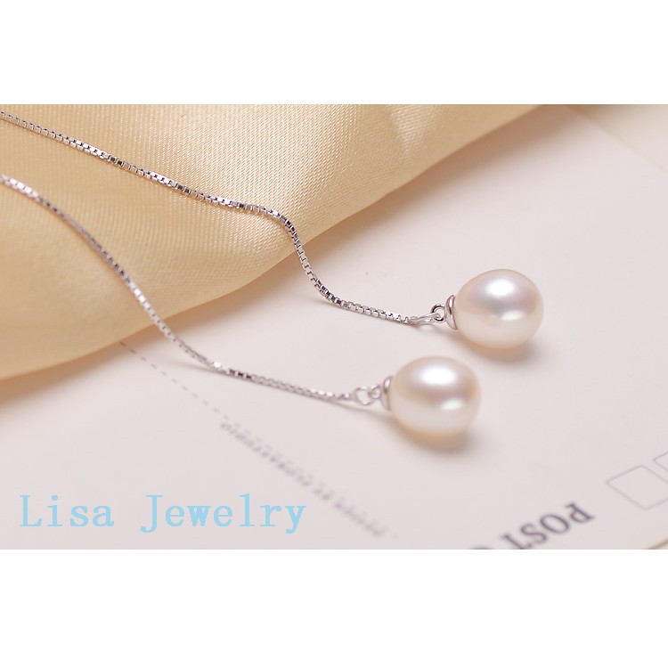 ต่างหูมุกธรรมชาติ-round-glare-pearl-s925-sterling-silver-long-chain-earrings