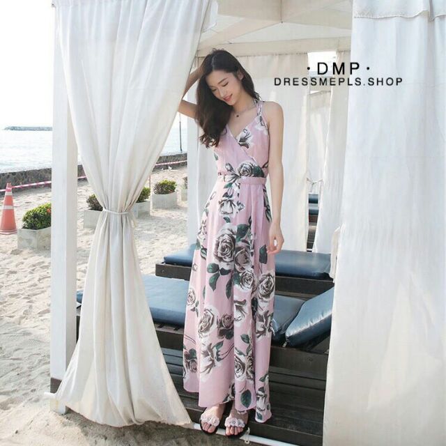 drees-me-pls-maxi-dress-ผ้าพิมพ์ลายกุหลาบโทนสีชมพูสวย-ง