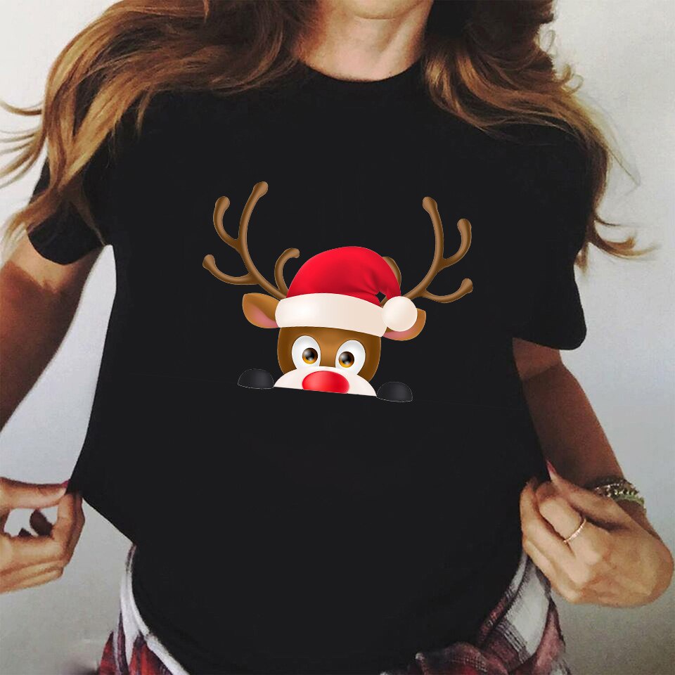 พร้อมส่ง-merry-christmas-t-shirt-women-short-sleeve-holiday-funny-tshirt-santa-reindeer-printed-black-t-shirt