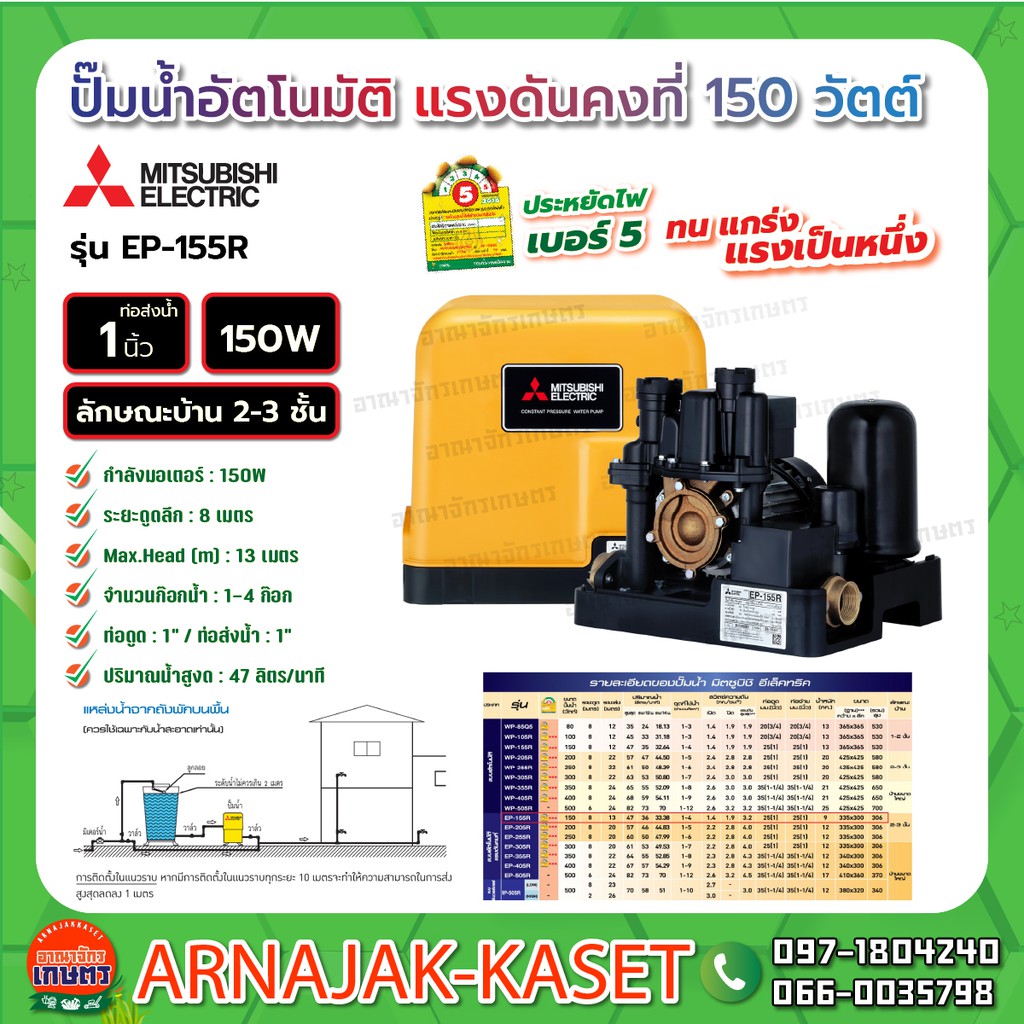 ปั๊มน้ำอัตโนมัติ-แรงดันคงที่-150w-mitsubishi-รุ่น-ep-155r