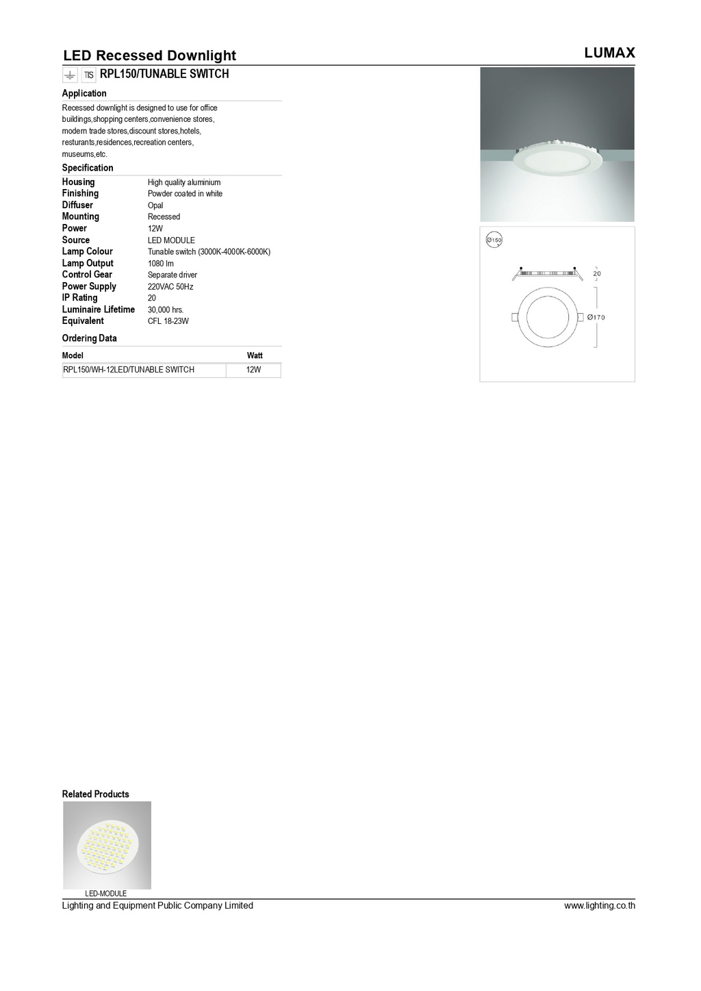 LUMAX ชุดโคมดาวน์ไลท์ LED PANEL12 วัตต์ รุ่น RPL150 TUNABLE เปลี่ยนได้ ...