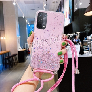 2021 New Style เคสโทรศัพท์ OPPO A74 5G A33 A92 A52 A5 A9 2020 Casing Lanyard Bling Glitter Sequins Transparent Cover With Shoulder Strap เคสซิลิโคน ออปโป้A74 5G