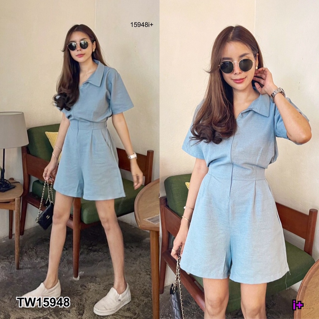 tw15948-jumpsuit-จั้มสูทขาสั้น-คอปกแต่งซิปหน้า-เนื้อผ้าลินิน-มีกระเป๋าข้าง-ซิปยาวตั้งแต่ช่วงคอถึงช่วงเอวเลยจ้า