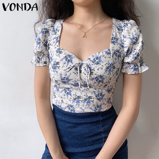 สินค้า Vonda เสื้อลําลอง แขนสั้น คอสี่เหลี่ยม ลายดอกไม้ สไตล์เกาหลี เซ็กซี่ สําหรับสตรี เหมาะกับฤดูร้อน