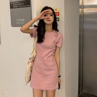 Triple A💕 oversized shirt women plus size t shirt 2021 summer new Korean style slim solid color short-sleeved T-shirt Mid-length dress