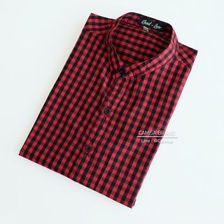 CAMISA BRAND เชิ้ตคอจีน สก็อตแดงโกเมน(Y04) ผ้าCotton เสื้อทำงาน เสื้อใส่เที่ยว แดง