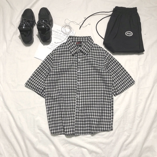 คู่สดขนาดเล็ก Houndstooth เสื้อผู้ชายและผู้หญิงแขนสั้นเสื้อลายสก๊อตขนาดเล็กในช่วงฤดูร้อน