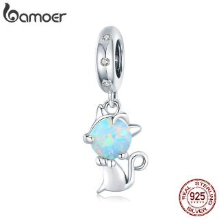 BAMOER Cute Cat Charm PendantWith Opal 925 Sterling Silver