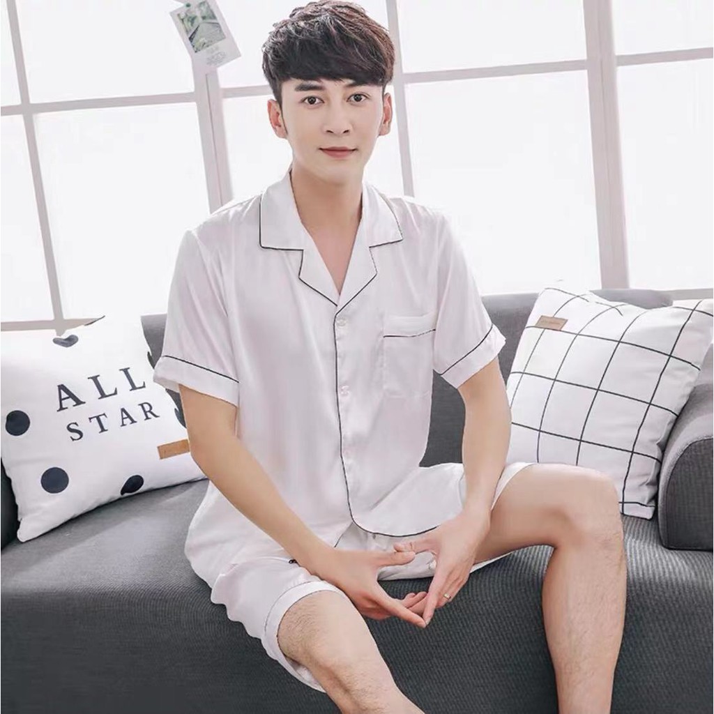 ภาพสินค้า3333-1 ชุดนอนผู้ชายน่ารักๆผ้าซาตินนิ่มใส่สบายแขนสั้นขาสั้น สีสวยสด สไตล์เกาหลี (สินค้าพร้อมส่ง) จากร้าน mmeimei_shop บน Shopee ภาพที่ 7