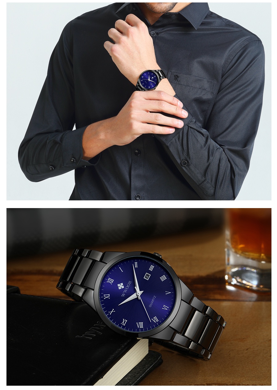 รูปภาพเพิ่มเติมของ WWOOR นาฬิกาควอตซ์ กันน้ำ สายสเตนเลส สินค้าแฟชั่น สำหรับผู้ชาย-8830