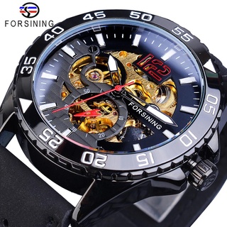 Forsining Brand Men Sport Watch Automatic Half Skeleton Hollow Black Luminous Clock Genuine Leather Male Mechanical Wris