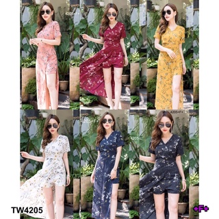 PE4205 จั้มสูทก้านแก้ว กางเกงขาสั้นกระโปรงผ่าข้างแขนสั้น คอวีไขว้ +++สอบถามสินค้าก่อนสั่ง
