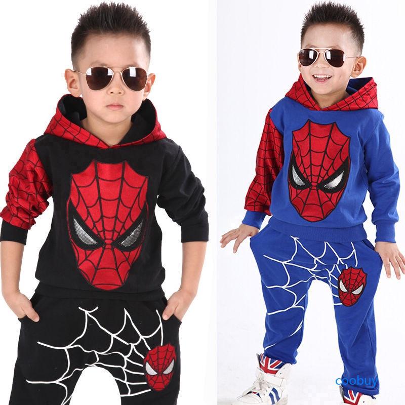 ชุดเสื้อสเวตเตอร์แขนยาวมีฮู้ดกางเกงขายาวลาย spider man สําหรับเด็กผู้ชาย