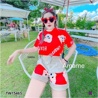 TW15465  Set 2 ชิ้น เสื้อคอกลมแขนสั้นทรงครอปสกรีนลายหมี + กางเกงขาสั้นแต่งขาพับ เอวกระดุม ผ้าคอตตอน แต่งลายหมีเข้าชุด