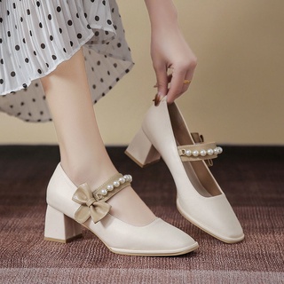 🔥 Hot sale/Maryzhen รองเท้าผู้หญิง 2022 ฤดูใบไม้ร่วงใหม่โบว์แฟชั่นผู้หญิงเพื่อนเจ้าสาวฝรั่งเศสรองเท้าส้นสูงรองเท้าส้นเต