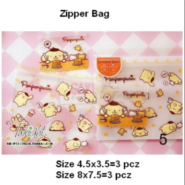 zipper-bag-ถุงซิปล็อค-ลาย-ปอมปอมบุริน-pompompurin-เซ็ตละ-6-ใบ-ประกอบด้วย-1-size-8x7-5-นิ้ว-3-ใบ-2-size-4-5x3-5-นิ้ว-3-ใบ