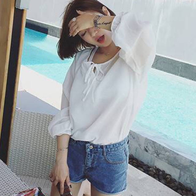 tjเสื้อแฟชั่น-คอกลมผูกโบว์-แขนยาว-ปลายจั๊ม-ผ้า-polyester-สีขาว-รหัสสินค้า-jn9193-ขาว