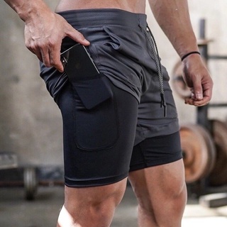 กางเกงวิ่งขาสั้น 2 in 1 [มีกระเป๋า2ข้าง] ซับในเนื้อผ้าเย็น กางเกงออกกำลังกาย กางเกงกีฬาขาสั้น