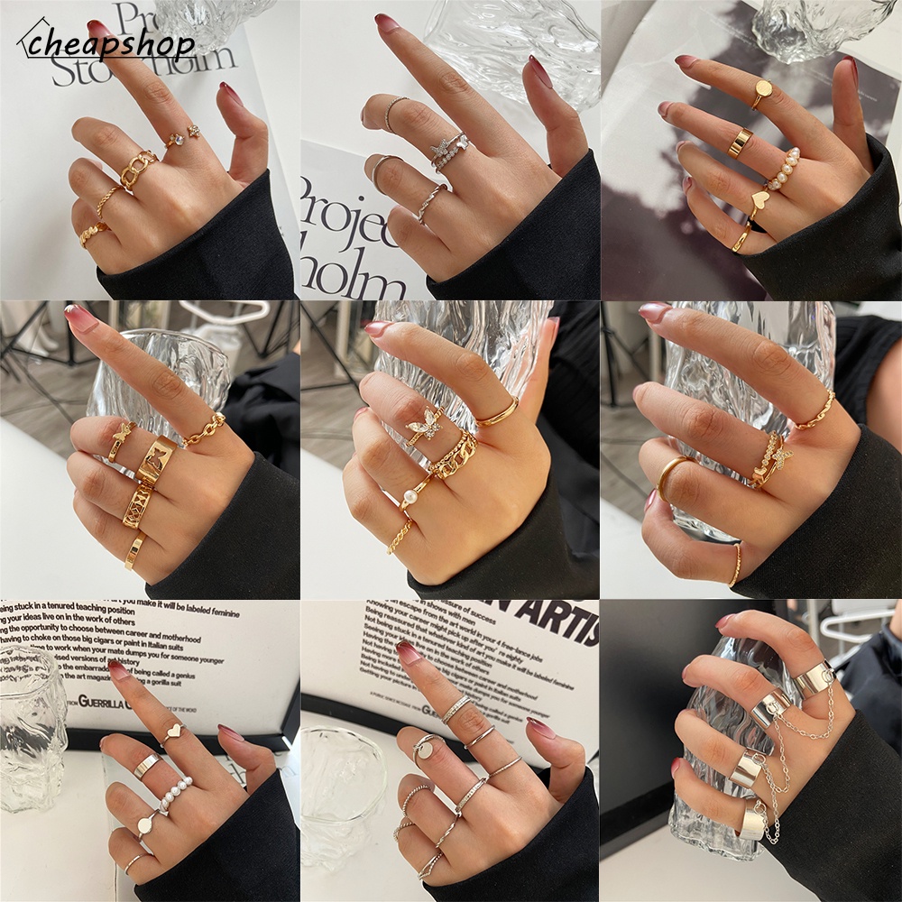 ภาพหน้าปกสินค้า2021 New Fashion Butterfly Ring Set Ladies Crystal Pearl Finger Ring Women Jewelry Accessories