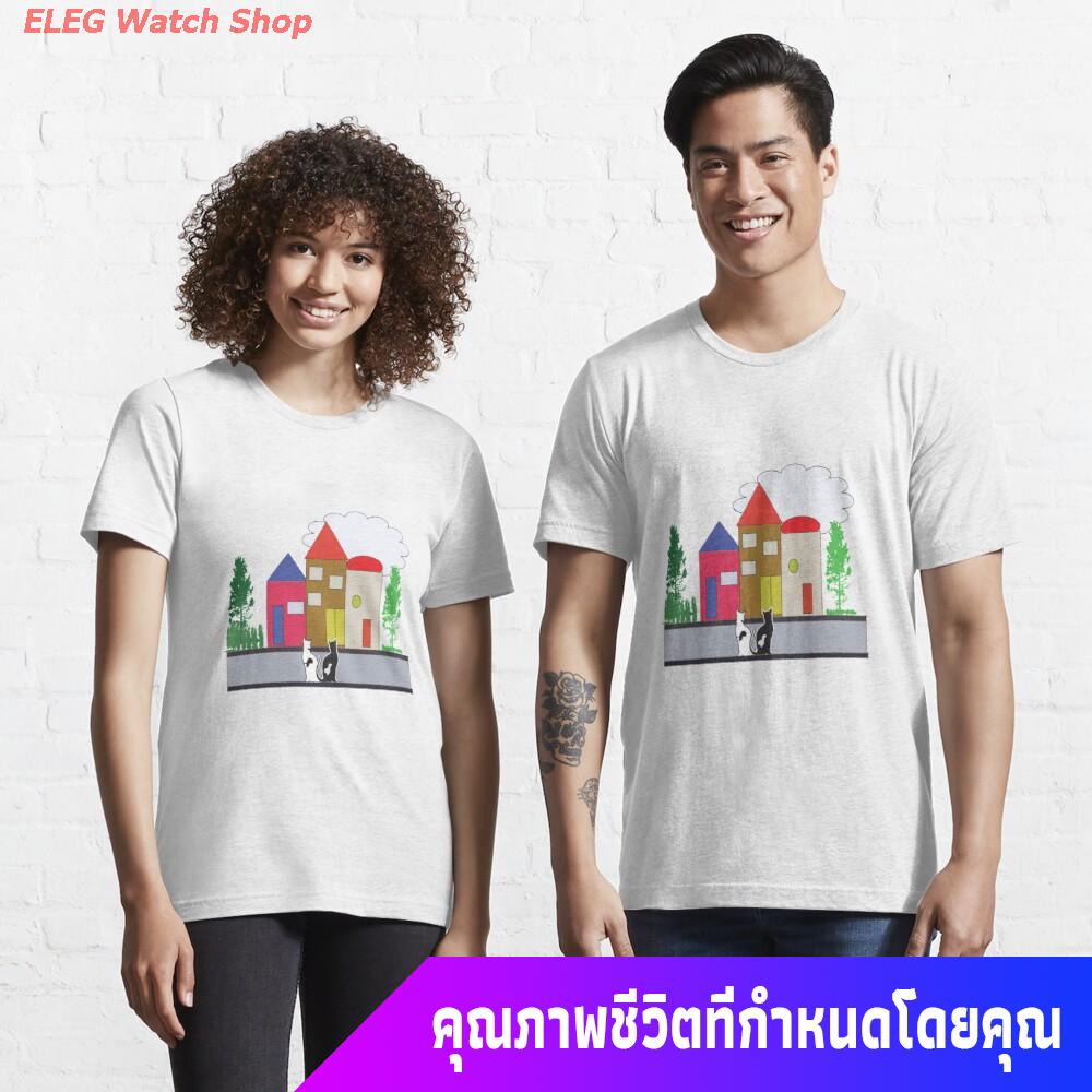 แมวข้างถนน-ผู้ใหญ่-black-and-white-cats-street-view-essential-t-shirt-discount-รถถัง