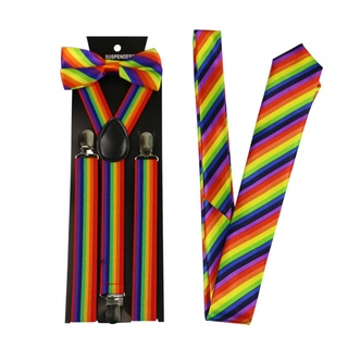 สินค้า สายเอี๊ยม เนคไท หูกระต่าย โบว์ สายรัดกางเกง ยางยืด สีรุ้ง Rainbow LGBT Pride Suspender Necktie Bow Belt Y Strap Set of 3